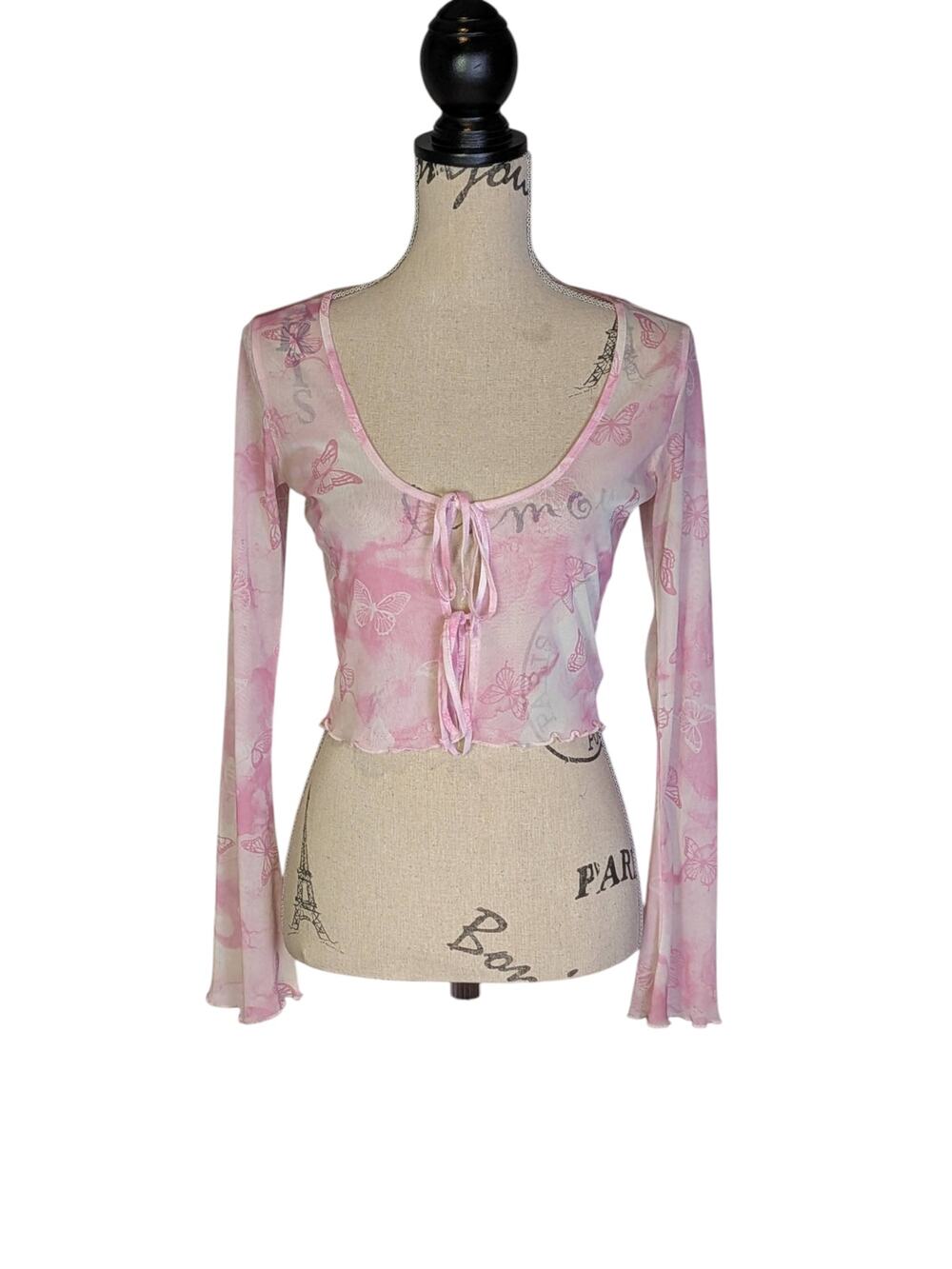 H&M Divided Y2K Pink Butterfly Sheer Tie Top Size S